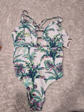 Jessica Simpson White One-Piece Swimsuit with Green Tropical Palm Print